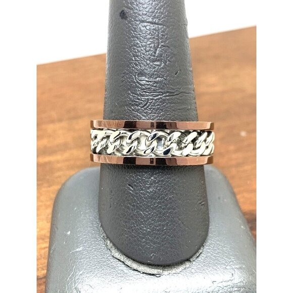 Men's Wedding Band Brown Silver Chain Style Stainless Steel 8mm Size 10 - Picture 7 of 13